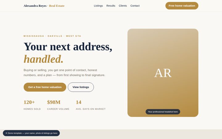 Screenshot of the real estate agent website template